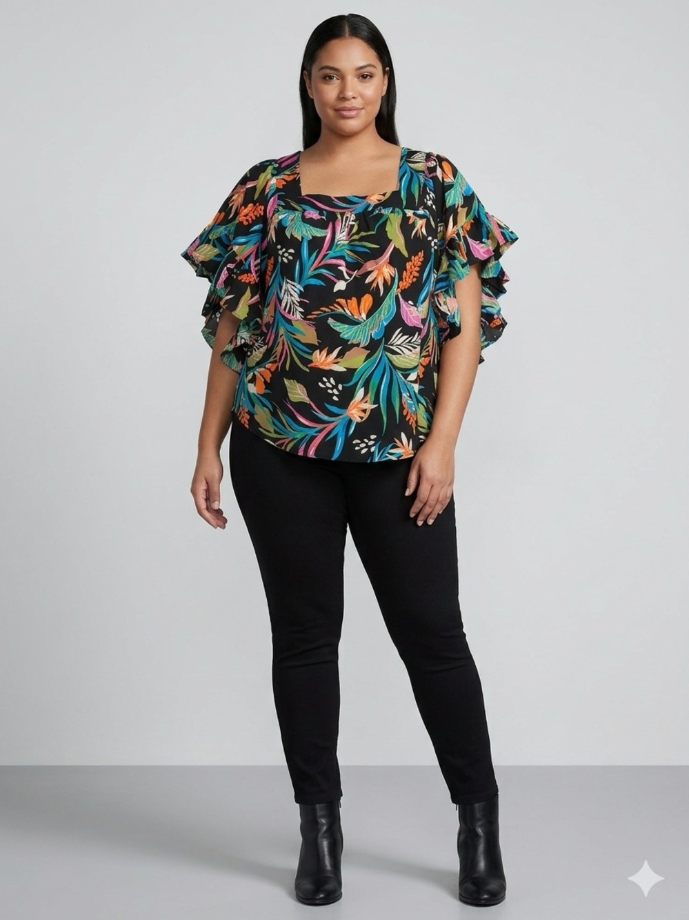 Terra & Sky Size 3X(24W-26W) Square Neck Peasant Top Tiered Flutter Sleeves Boho